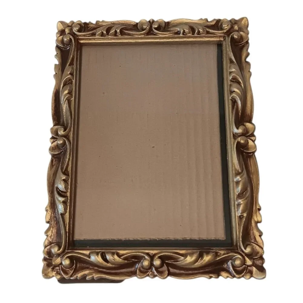VTG 1973 Gold Bronze Photo Frame Resin Faux Carved Wood Ornate Scroll 8.25x6.25